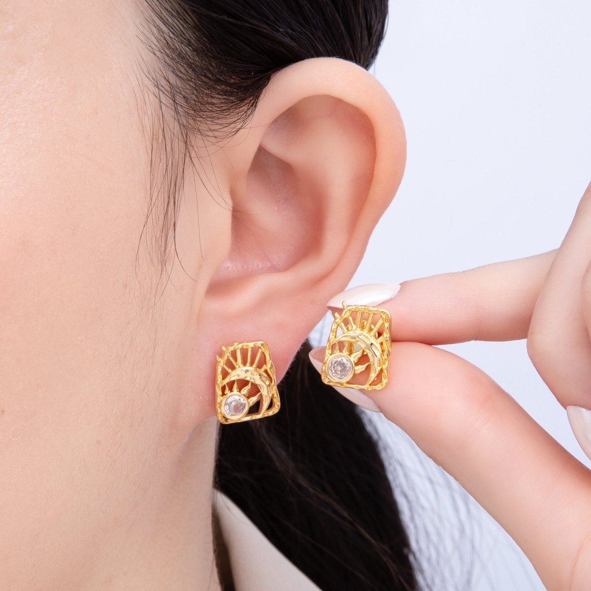 18K Gold Filled 15mm Clear CZ Celestial Sun Moon Molten Rectangle Stud Earrings | Earrings - 00238 - DLUXCA