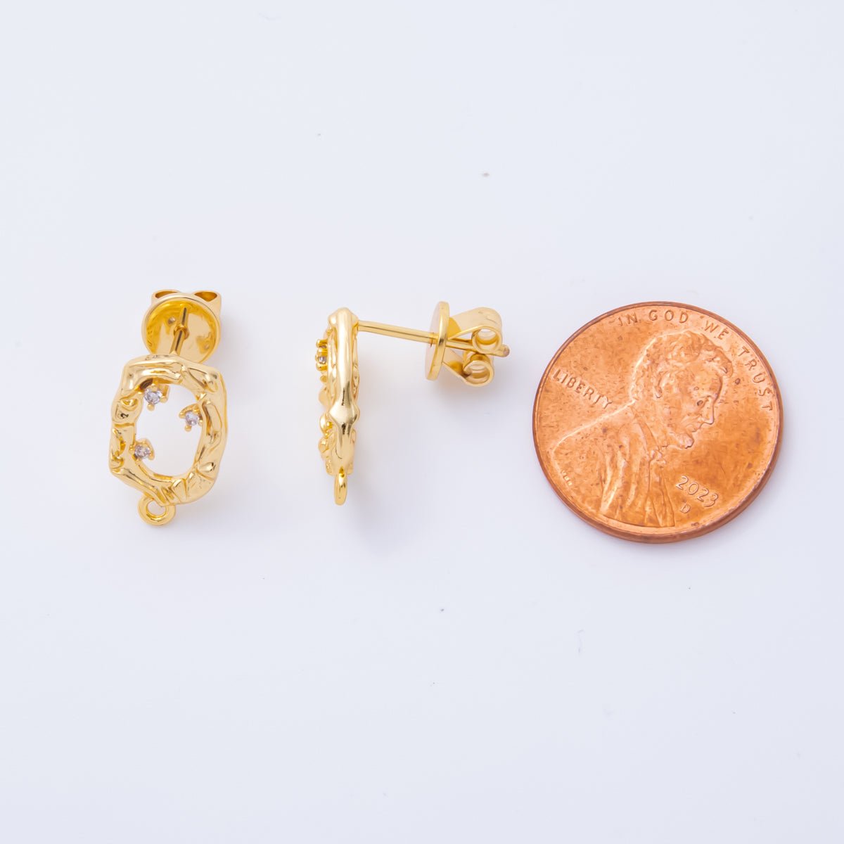 18K Gold Filled 15mm Clear CZ Cluster Open Molten Oval Drop Stud Earrings Findings with Closed Loop for Charm | Z1364 - DLUXCA