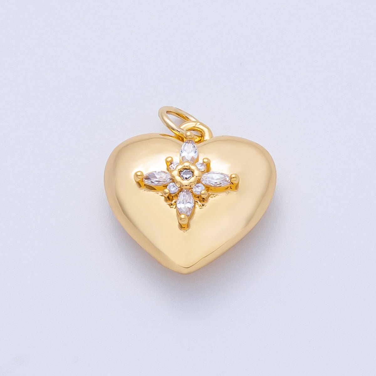 18K Gold Filled 15mm Clear CZ Religious Cross Heart 3D Multidimensional Charm | Charms - 00052 - DLUXCA