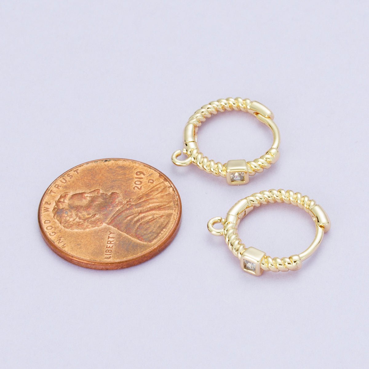 18K Gold Filled 15mm Clear Square CZ Ribbed Croissant Open Loop Drop Huggie Earrings in Gold & Silver | Findings - 00113 Findings - 00114 - DLUXCA