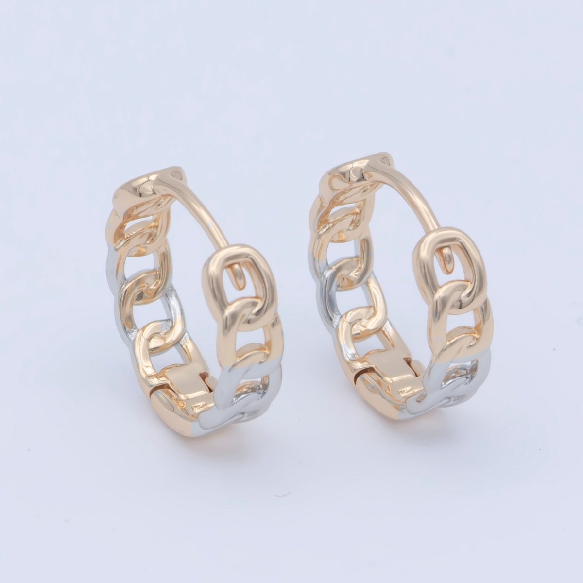 18K Gold Filled 15mm Curb Chain Link Mixed Metal Huggie Earrings | AB1205 - DLUXCA