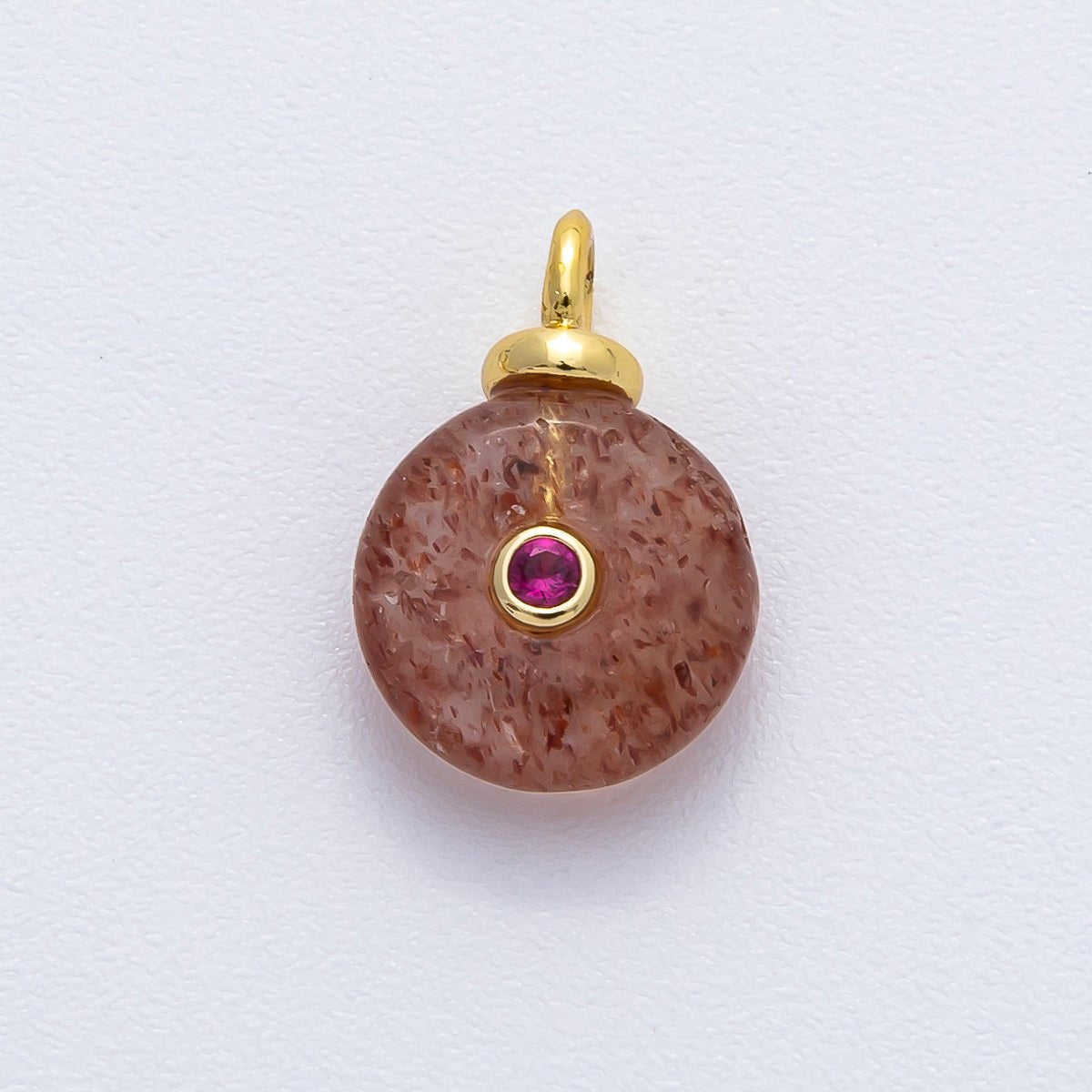 18K Gold Filled 15mm Fuchsia CZ Round Strawberry Quartz Gemstone Drop Charm | AF1373 - DLUXCA