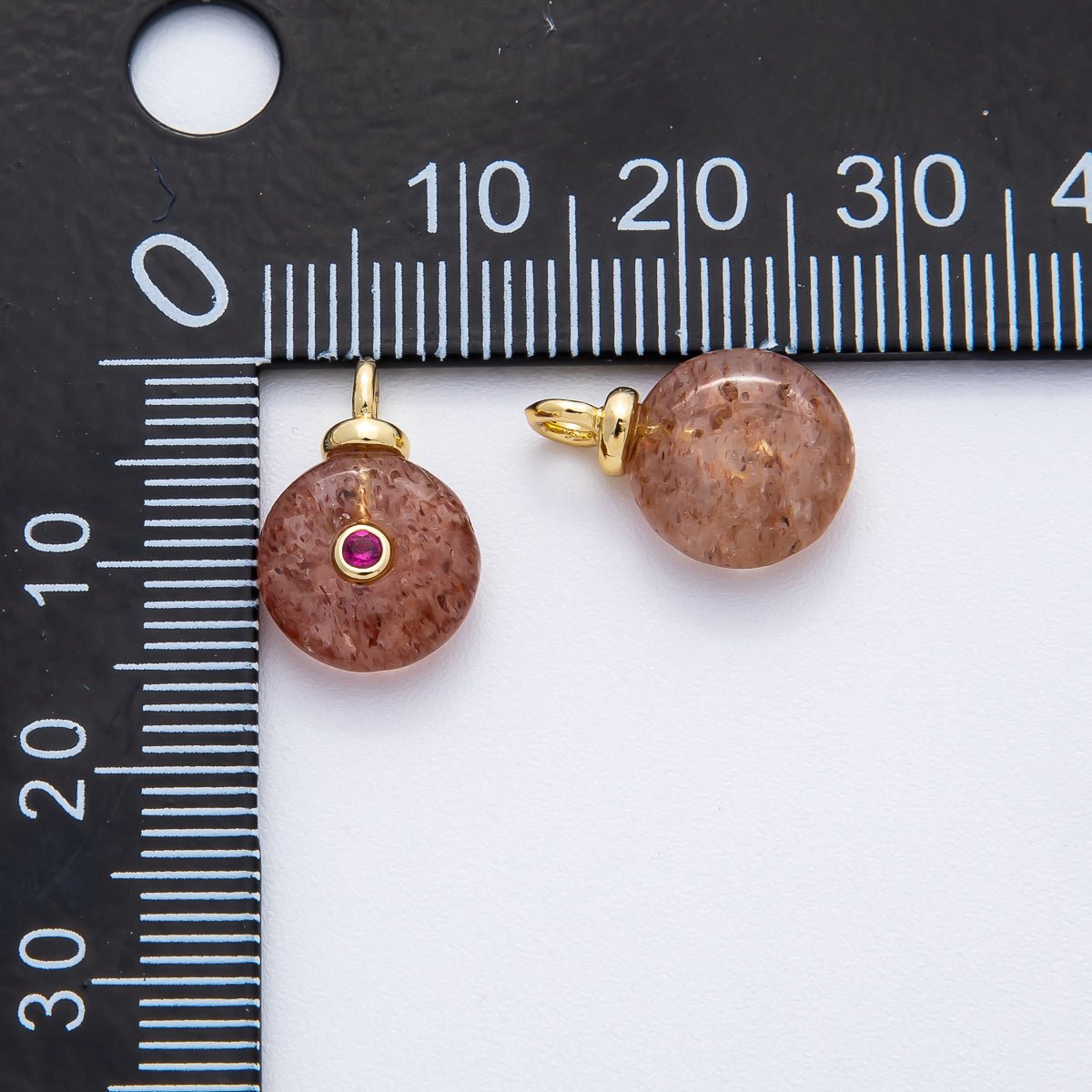 18K Gold Filled 15mm Fuchsia CZ Round Strawberry Quartz Gemstone Drop Charm | AF1373 - DLUXCA