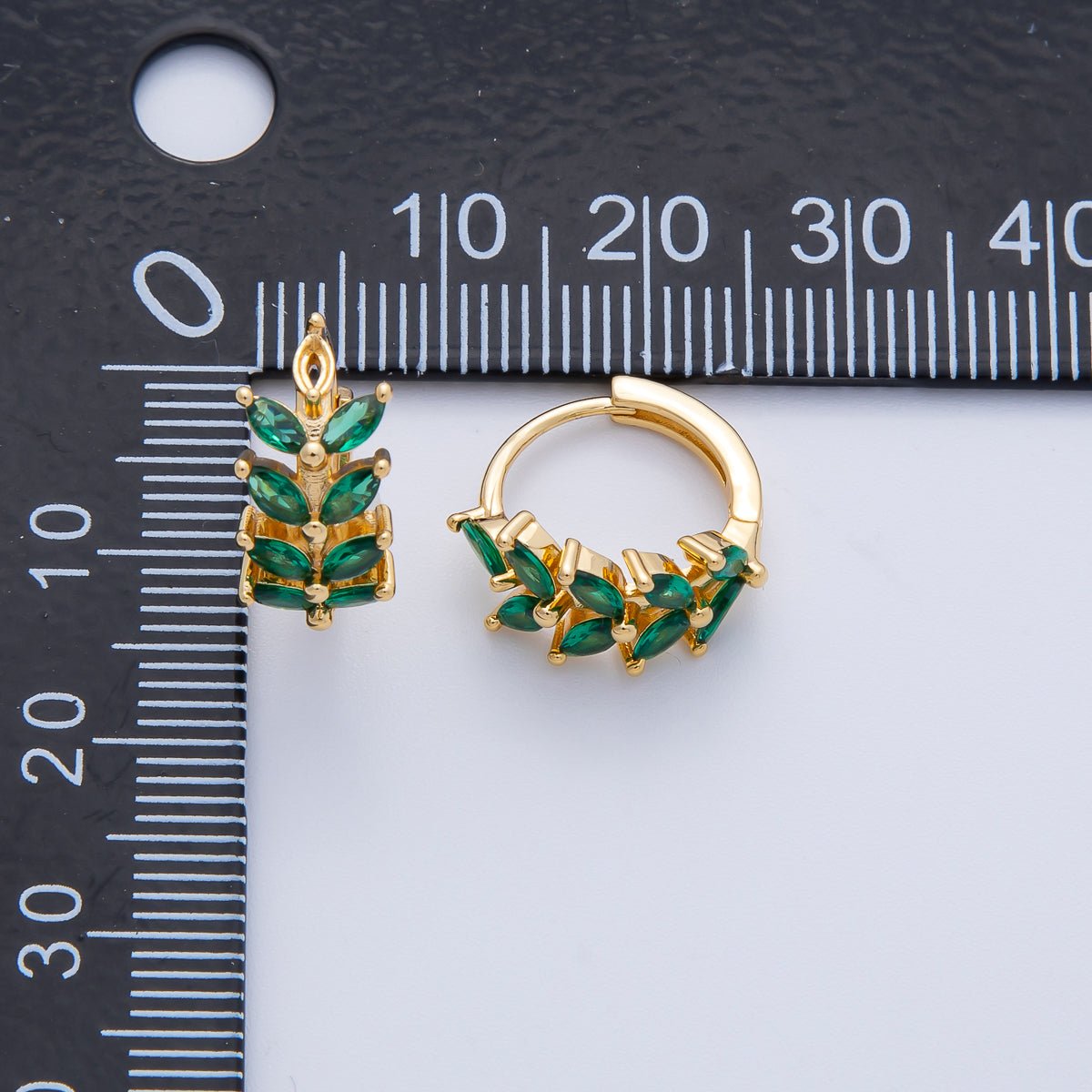 18K Gold Filled 15mm Green Red CZ Olive Sparkling Leaf Hoop Earrings | EARRINGS 00037 - 00038 - DLUXCA