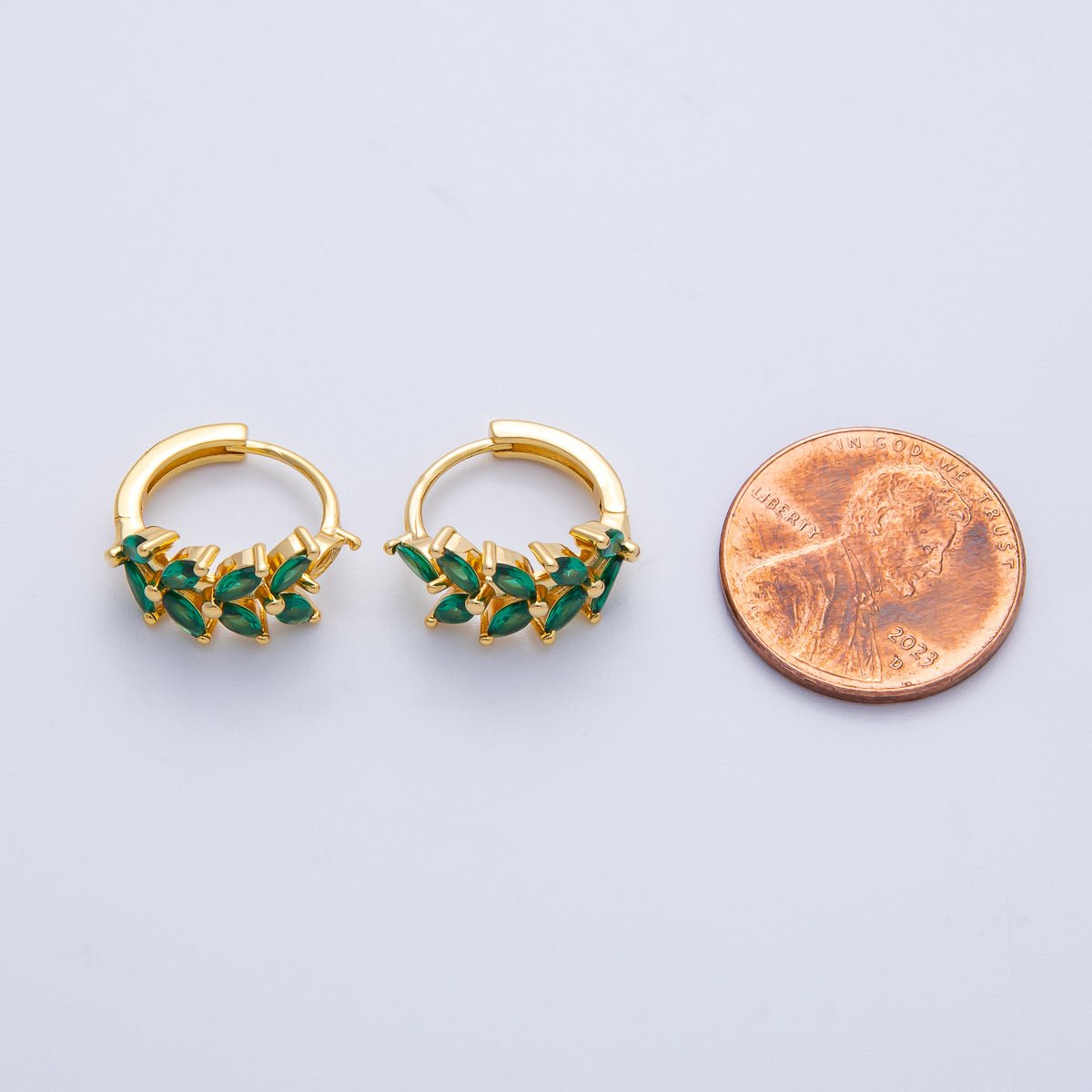 18K Gold Filled 15mm Green Red CZ Olive Sparkling Leaf Hoop Earrings | EARRINGS 00037 - 00038 - DLUXCA