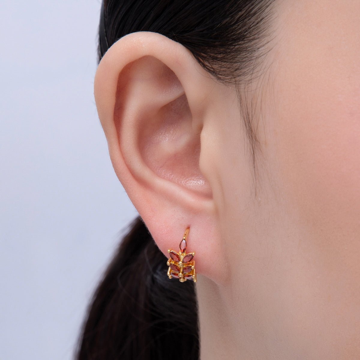 18K Gold Filled 15mm Green Red CZ Olive Sparkling Leaf Hoop Earrings | EARRINGS 00037 - 00038 - DLUXCA