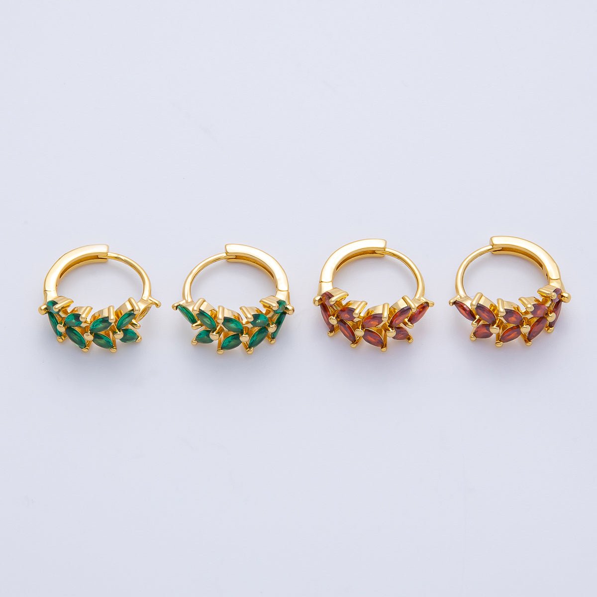 18K Gold Filled 15mm Green Red CZ Olive Sparkling Leaf Hoop Earrings | EARRINGS 00037 - 00038 - DLUXCA