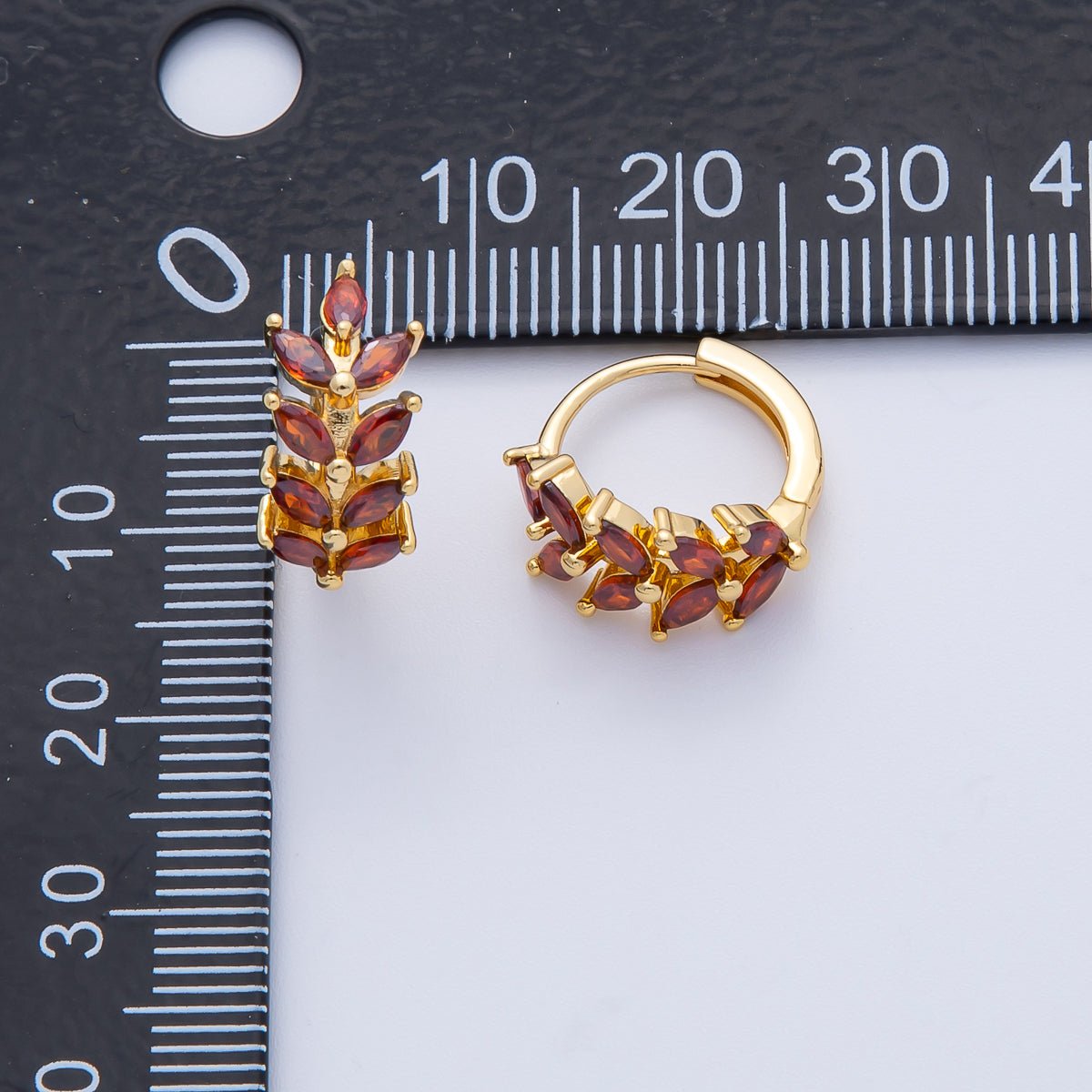 18K Gold Filled 15mm Green Red CZ Olive Sparkling Leaf Hoop Earrings | EARRINGS 00037 - 00038 - DLUXCA