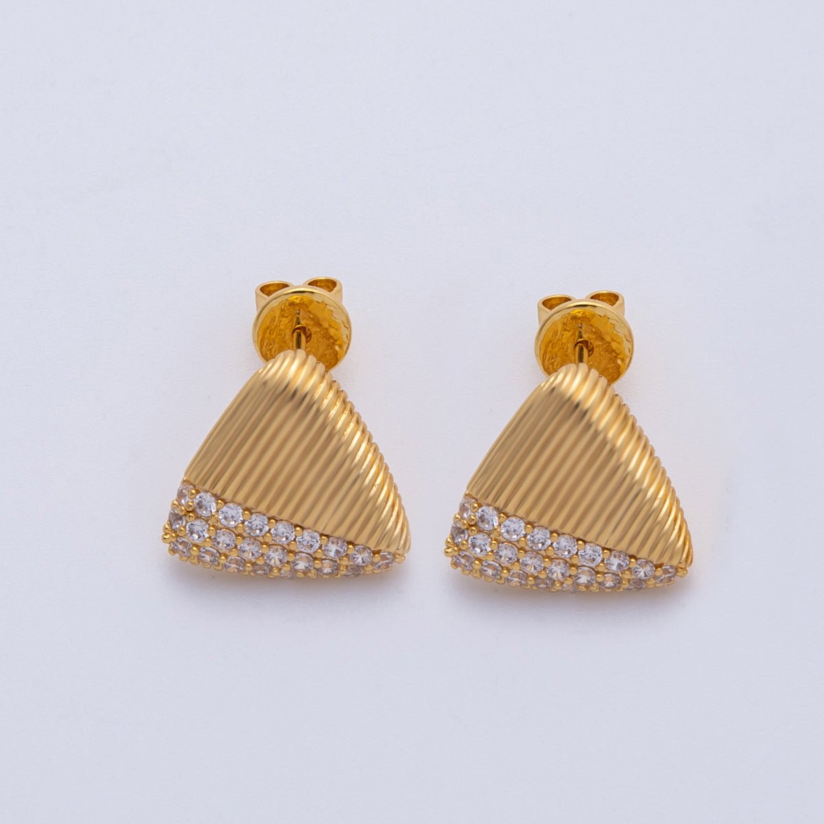 18K Gold Filled 15mm Micro Paved CZ Ribbed Triangle Stud Earrings | Earrings - 00192 - DLUXCA