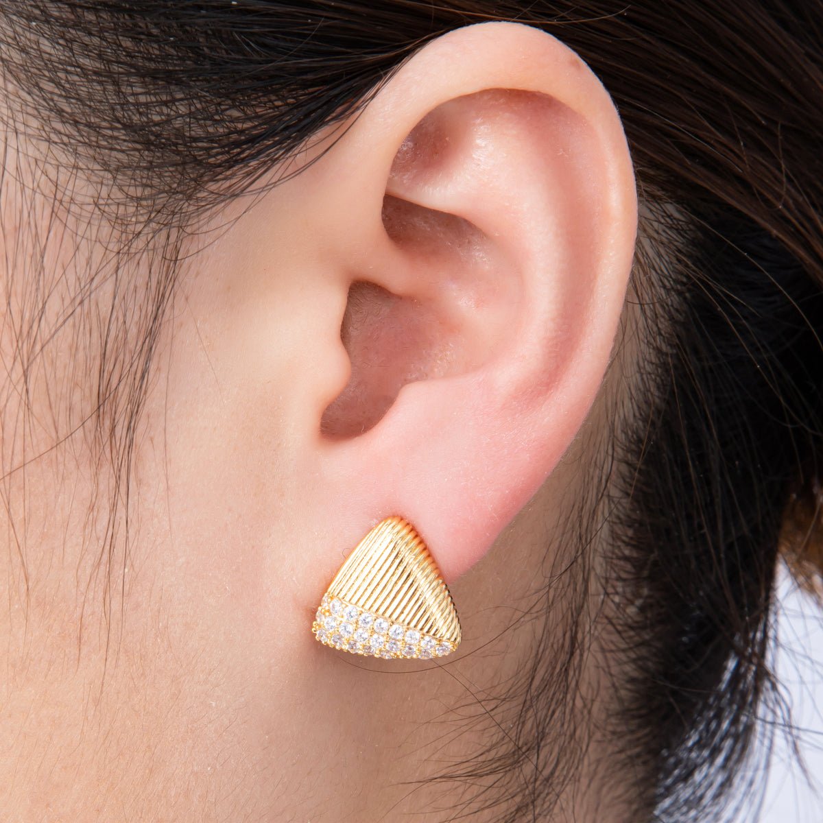18K Gold Filled 15mm Micro Paved CZ Ribbed Triangle Stud Earrings | Earrings - 00192 - DLUXCA
