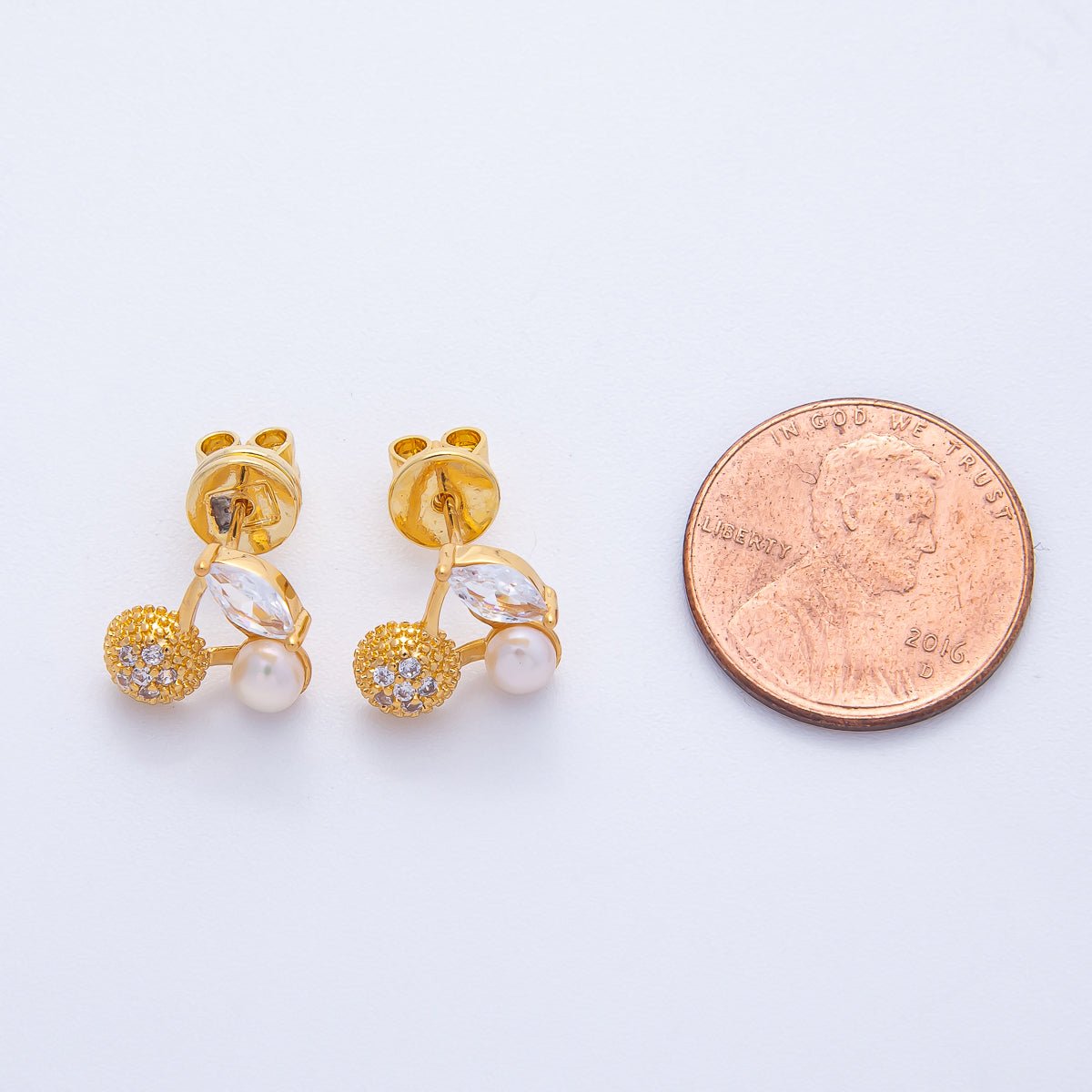 18K Gold Filled 15mm Micro Paved CZ Shell Pearl Cherry Fruit Stud Earrings | A1677 - DLUXCA
