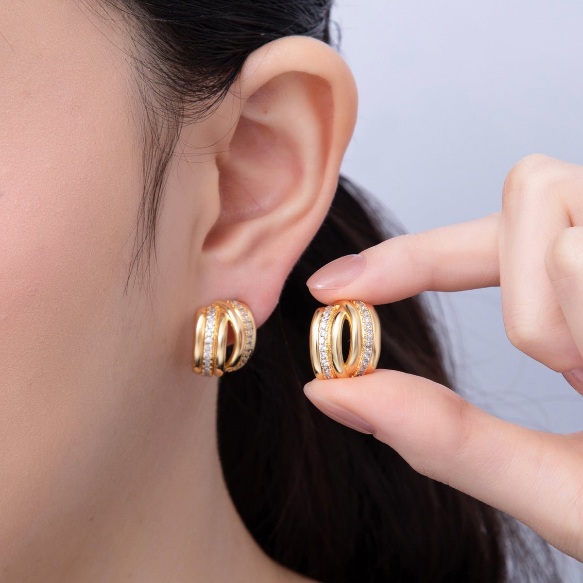 18K Gold Filled 15mm Micro Paved Double Band C - Shaped Hoop Earrings | AD1609 - DLUXCA