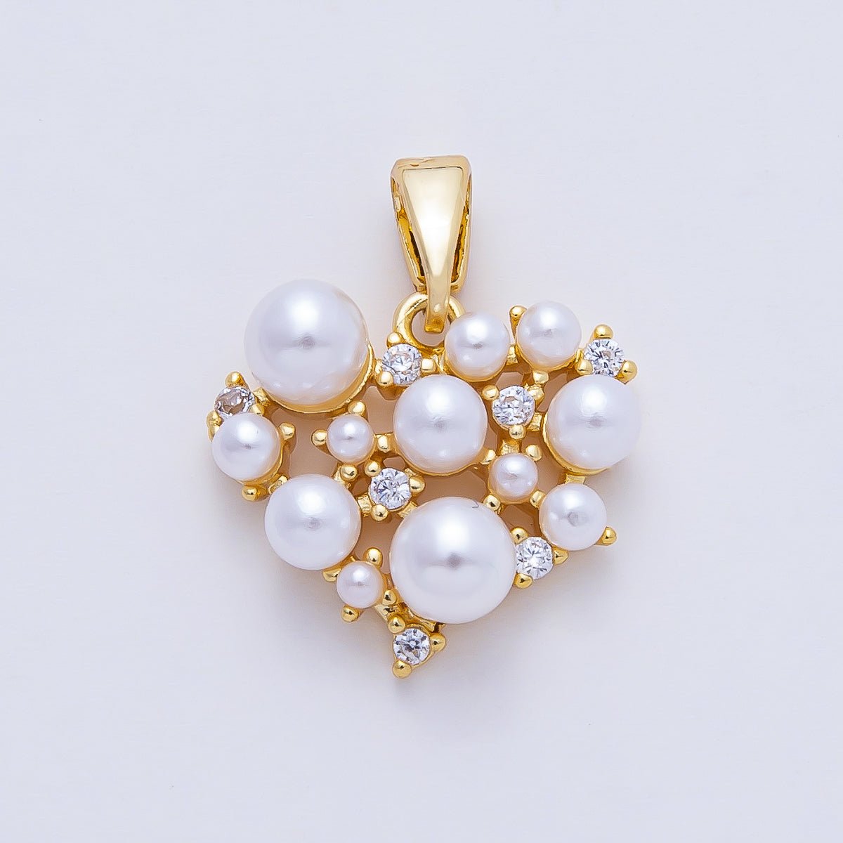18K Gold Filled 15mm Mix Shell Pearl and CZ Dotted Heart Pendant Charm | AF1180 - DLUXCA
