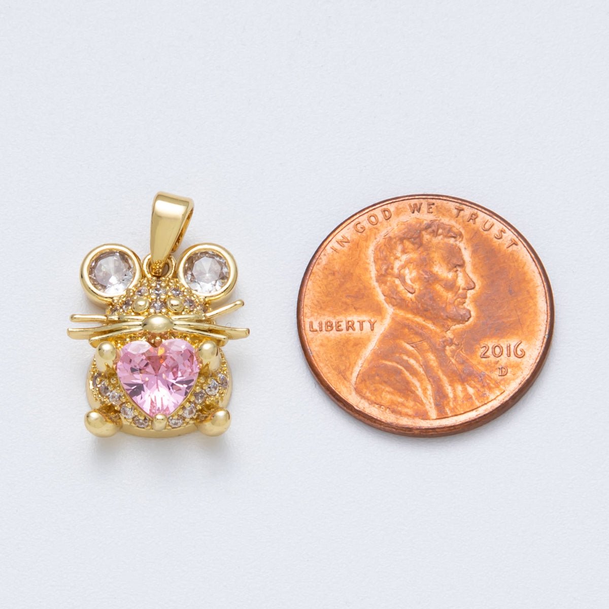 18K Gold Filled 15mm Pink Heart CZ Micro Paved Mouse Mice Animal Pendant | Charms - 00148 - DLUXCA