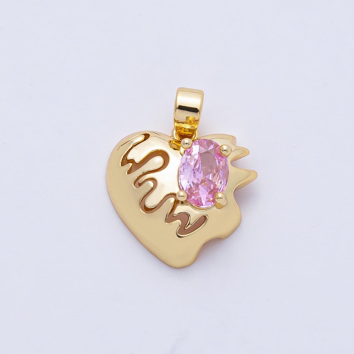 18K Gold Filled 15mm Pulse Heartbeat with Pink Oval CZ Heart Pendant Charm | AF1178 - DLUXCA