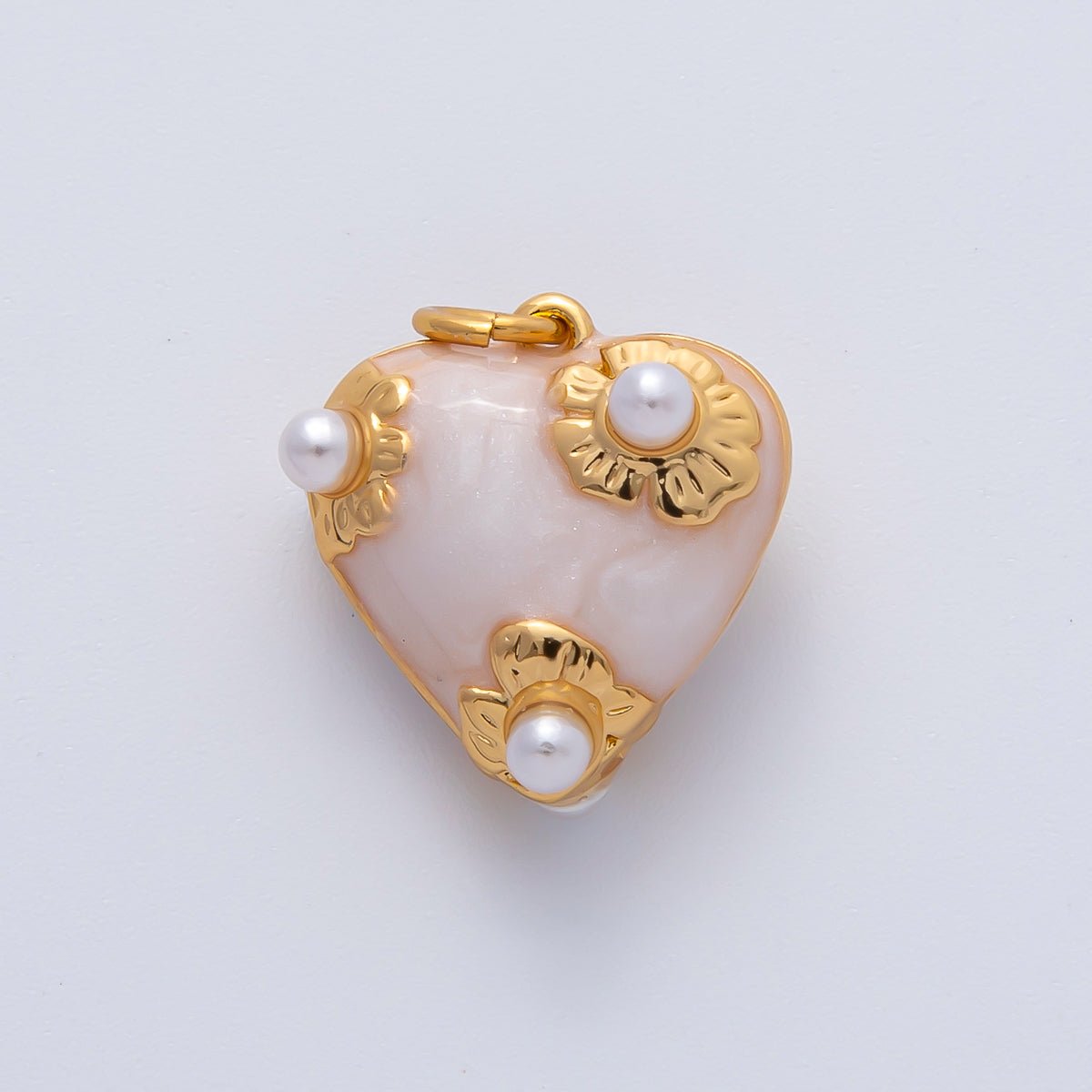 18K Gold Filled 15mm White, Red Shell Pearl Flower Chubby Heart Multidimensional 3D Charm | AF1429 - DLUXCA