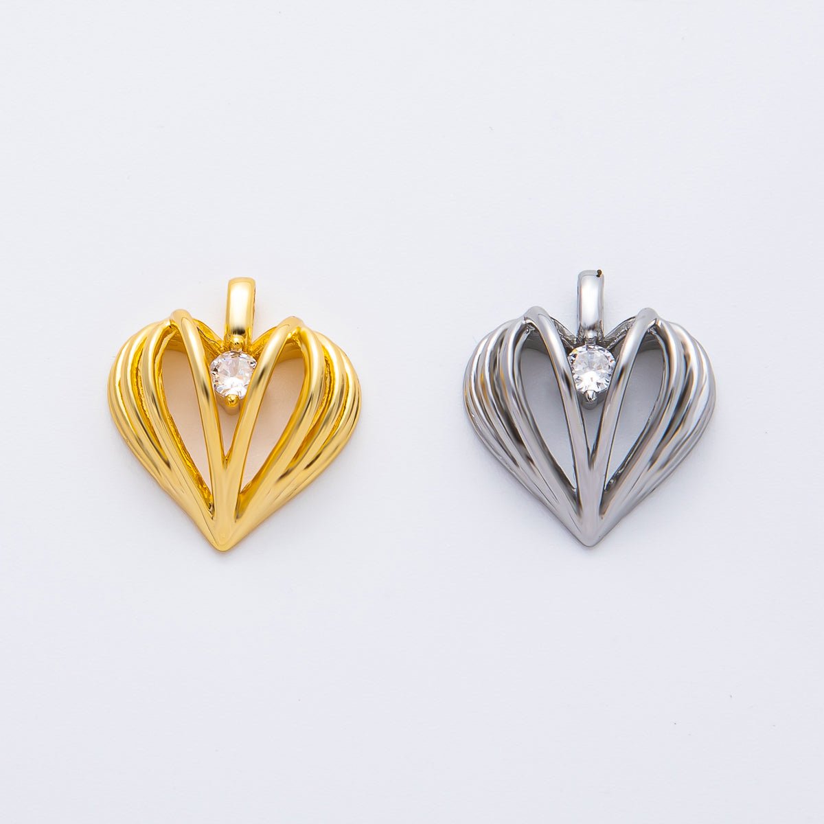 18K Gold Filled 16.2mm CZ Ribbed Geometric Heart Charm in Gold & Silver | AF1356 - DLUXCA