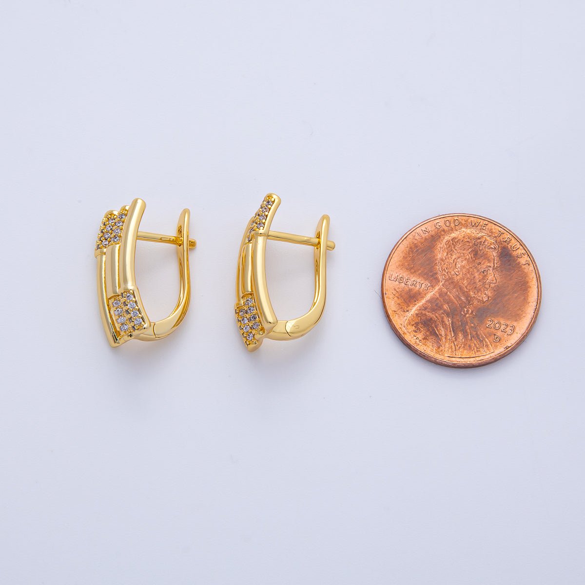 18K Gold Filled 16.5mm Micro Paved CZ Triple Band Oblong English Lock Hoop Earrings | AE827 - DLUXCA