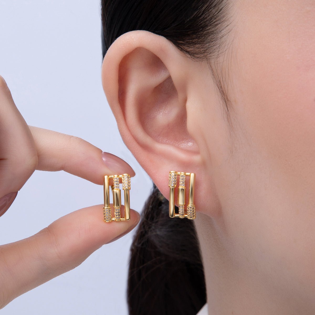 18K Gold Filled 16.5mm Micro Paved CZ Triple Band Oblong English Lock Hoop Earrings | AE827 - DLUXCA