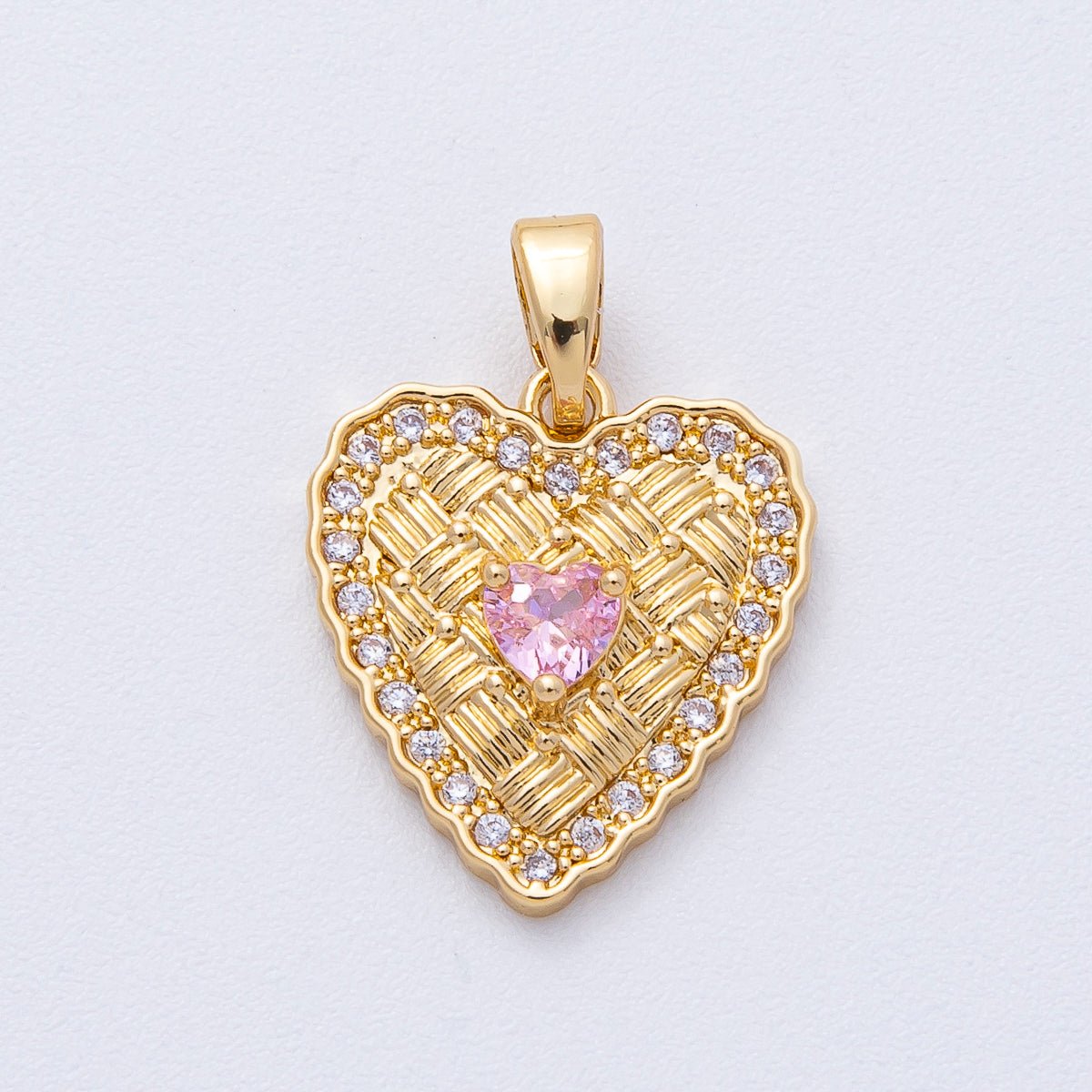 18K Gold Filled 16.5mm Pink CZ Woven Micro Paved CZ Heart Pendant | AF1236 - DLUXCA