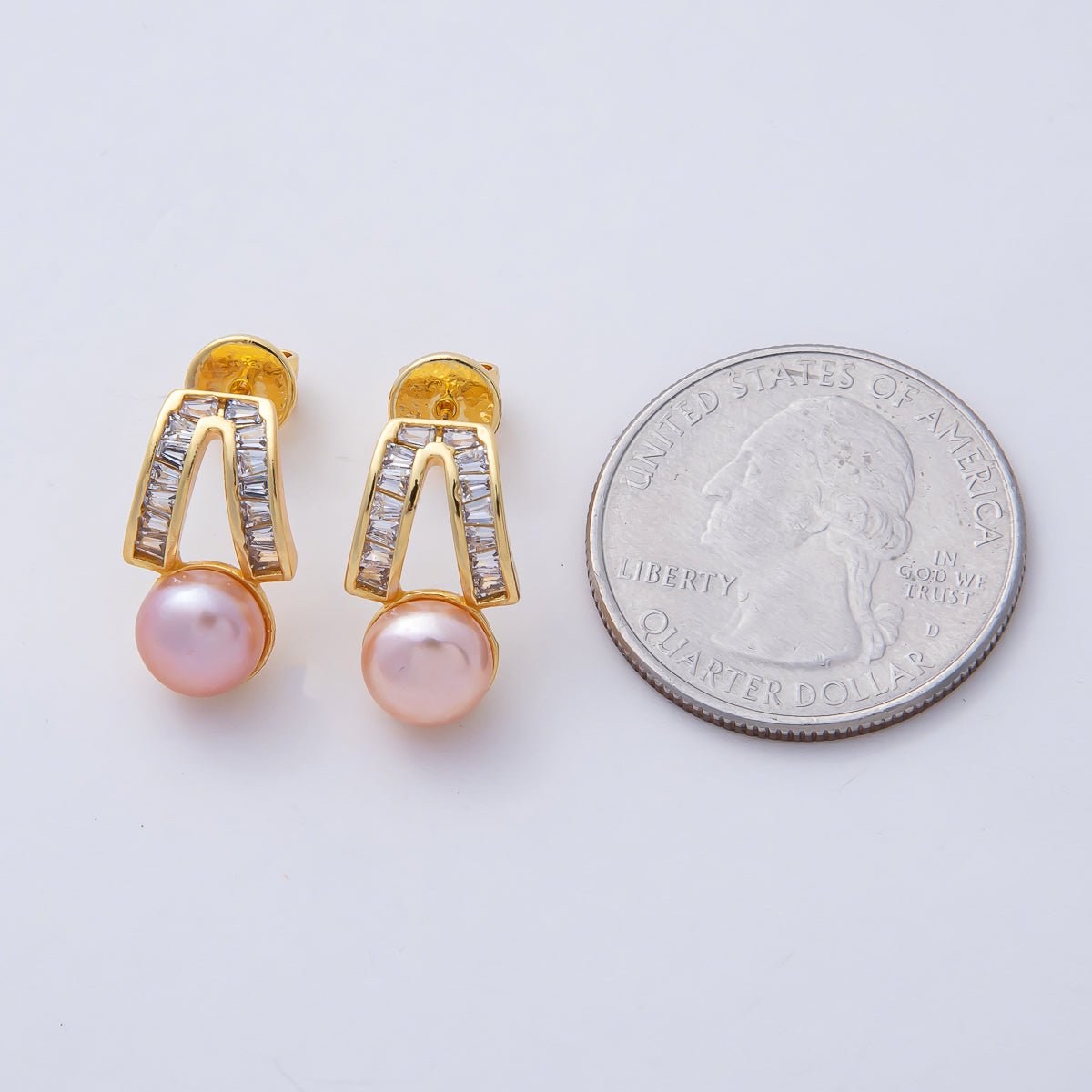 18K Gold Filled 16.5mm White, Pink Shell Pearl Geometric Baguette Drop Stud Earrings | AD1640 AD1641 - DLUXCA