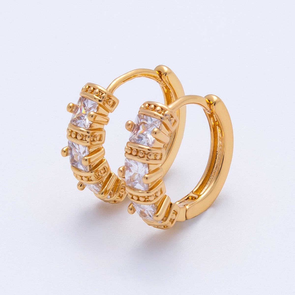 18K Gold Filled 16mm Clear Baguette CZ Geometric Bar Huggie | Earrings - 00209 - DLUXCA