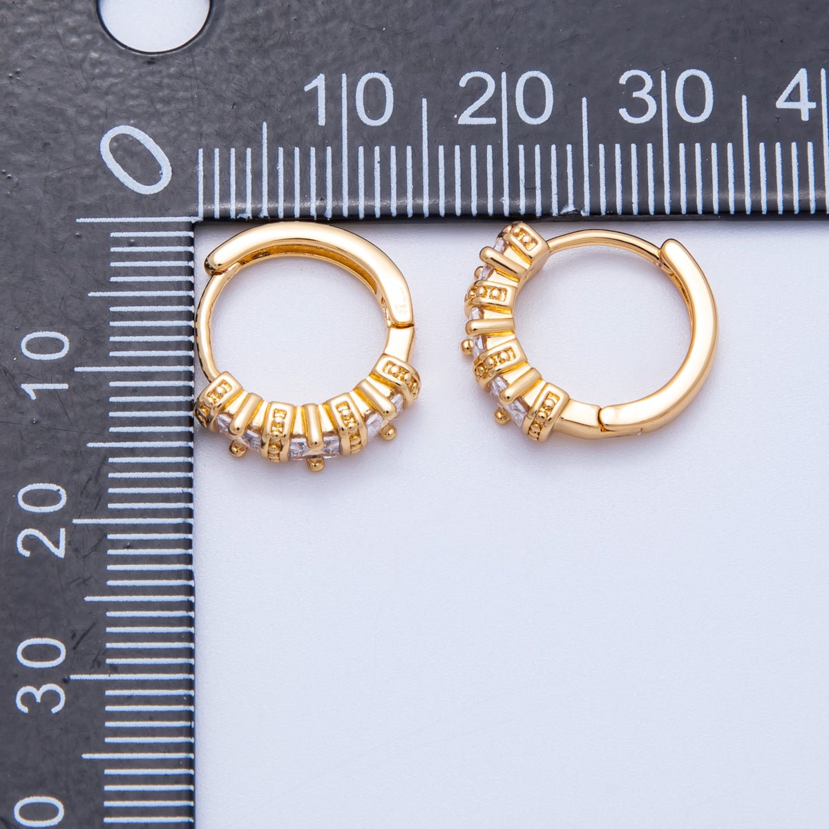 18K Gold Filled 16mm Clear Baguette CZ Geometric Bar Huggie | Earrings - 00209 - DLUXCA