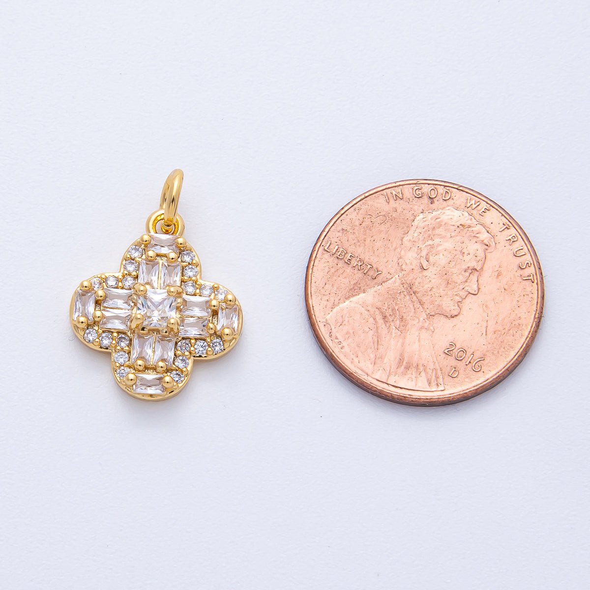 18K Gold Filled 16mm Clear Baguette Micro Paved CZ Clover Flower Charm | AK171 - DLUXCA