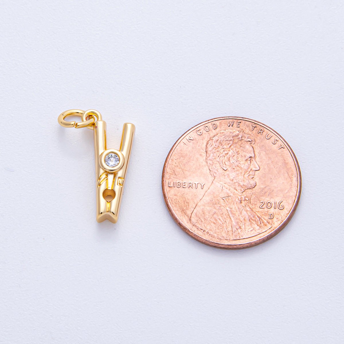 18K Gold Filled 16mm Clear CZ Clothespin Mini 3D Multidimensional Charm | AK012 - DLUXCA
