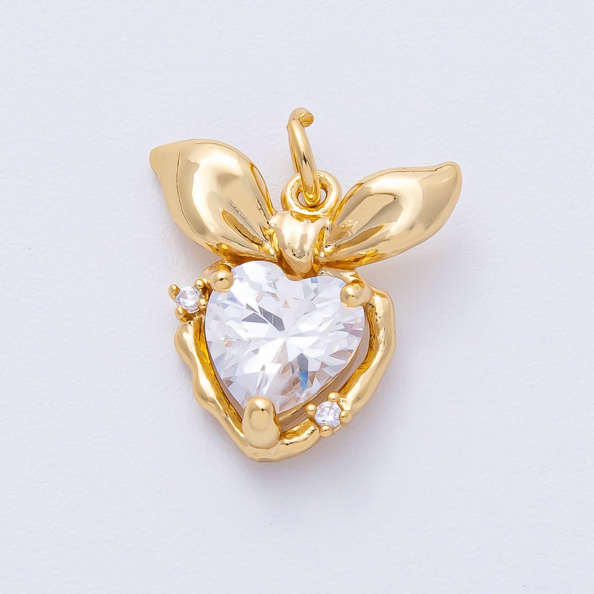 18K Gold Filled 16mm Clear CZ Ribbon Bow Heart Charm | AK195 - DLUXCA