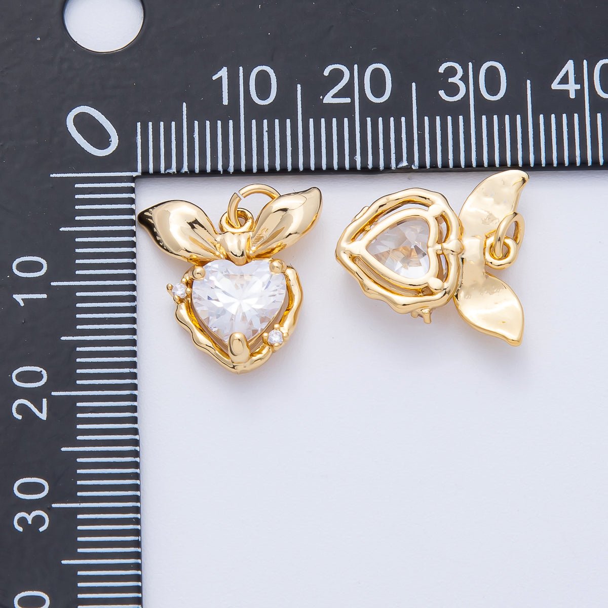 18K Gold Filled 16mm Clear CZ Ribbon Bow Heart Charm | AK195 - DLUXCA