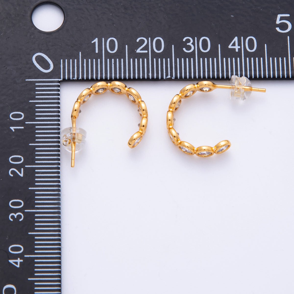 18K Gold Filled 16mm Clear CZ Round Bezel C - Shaped Hoop Earrings | AB1684 - DLUXCA