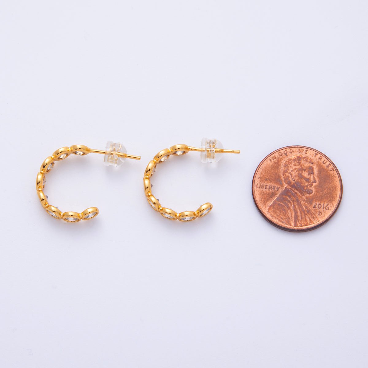 18K Gold Filled 16mm Clear CZ Round Bezel C - Shaped Hoop Earrings | AB1684 - DLUXCA