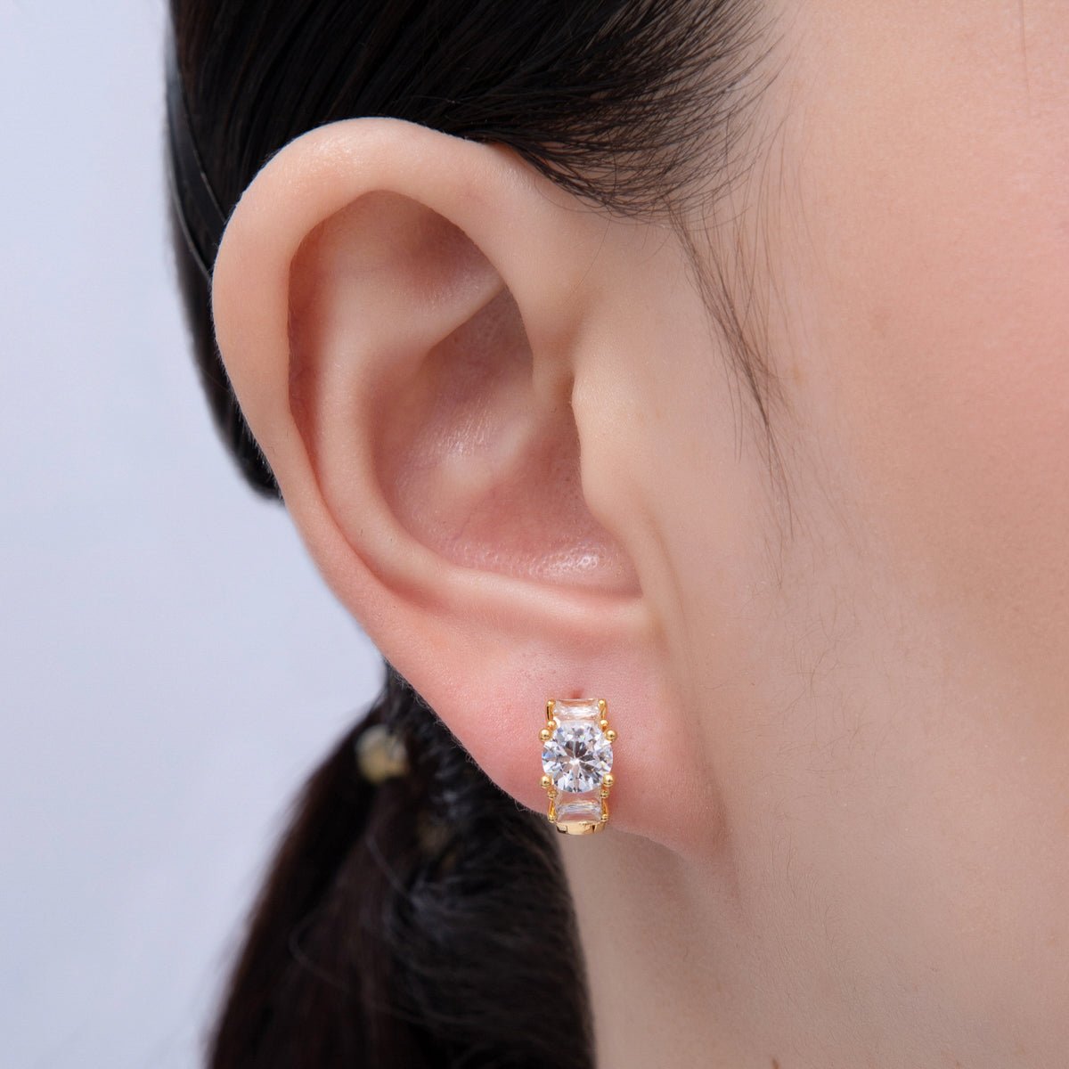 18K Gold Filled 16mm Clear Micro Paved CZ U - Shaped Latch Huggie Earrings | Earrings - 00054 - DLUXCA