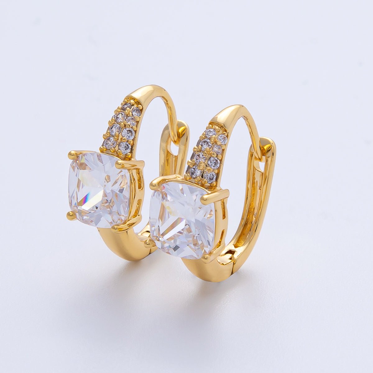 18K Gold Filled 16mm Clear Micro Paved CZ U - Shaped Latch Huggie Earrings | Earrings - 00054 - DLUXCA