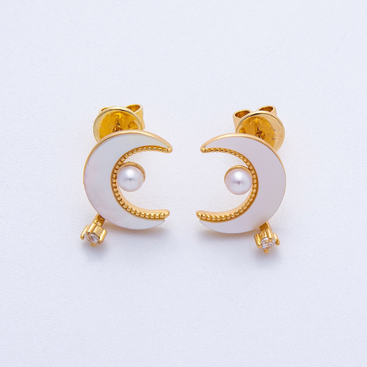 18K Gold Filled 16mm CZ Beaded Celestial Moon Shell Pearl Stud Earrings | AB1678 - DLUXCA