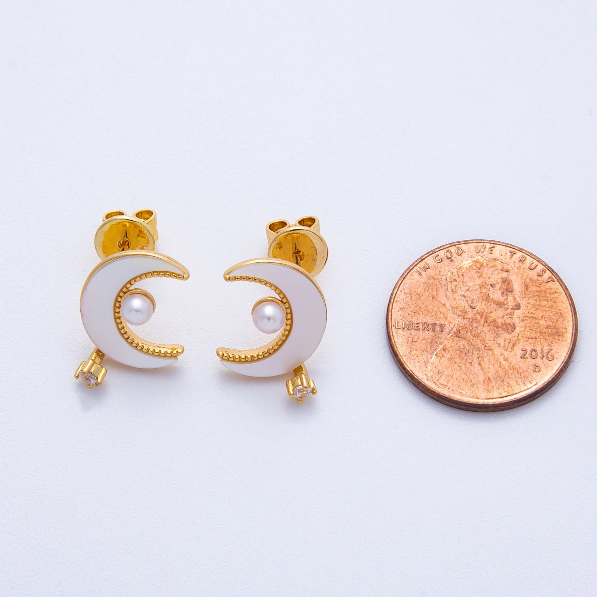 18K Gold Filled 16mm CZ Beaded Celestial Moon Shell Pearl Stud Earrings | AB1678 - DLUXCA