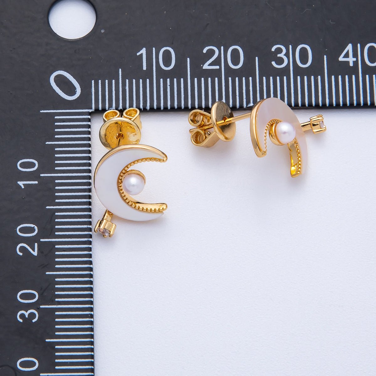 18K Gold Filled 16mm CZ Beaded Celestial Moon Shell Pearl Stud Earrings | AB1678 - DLUXCA