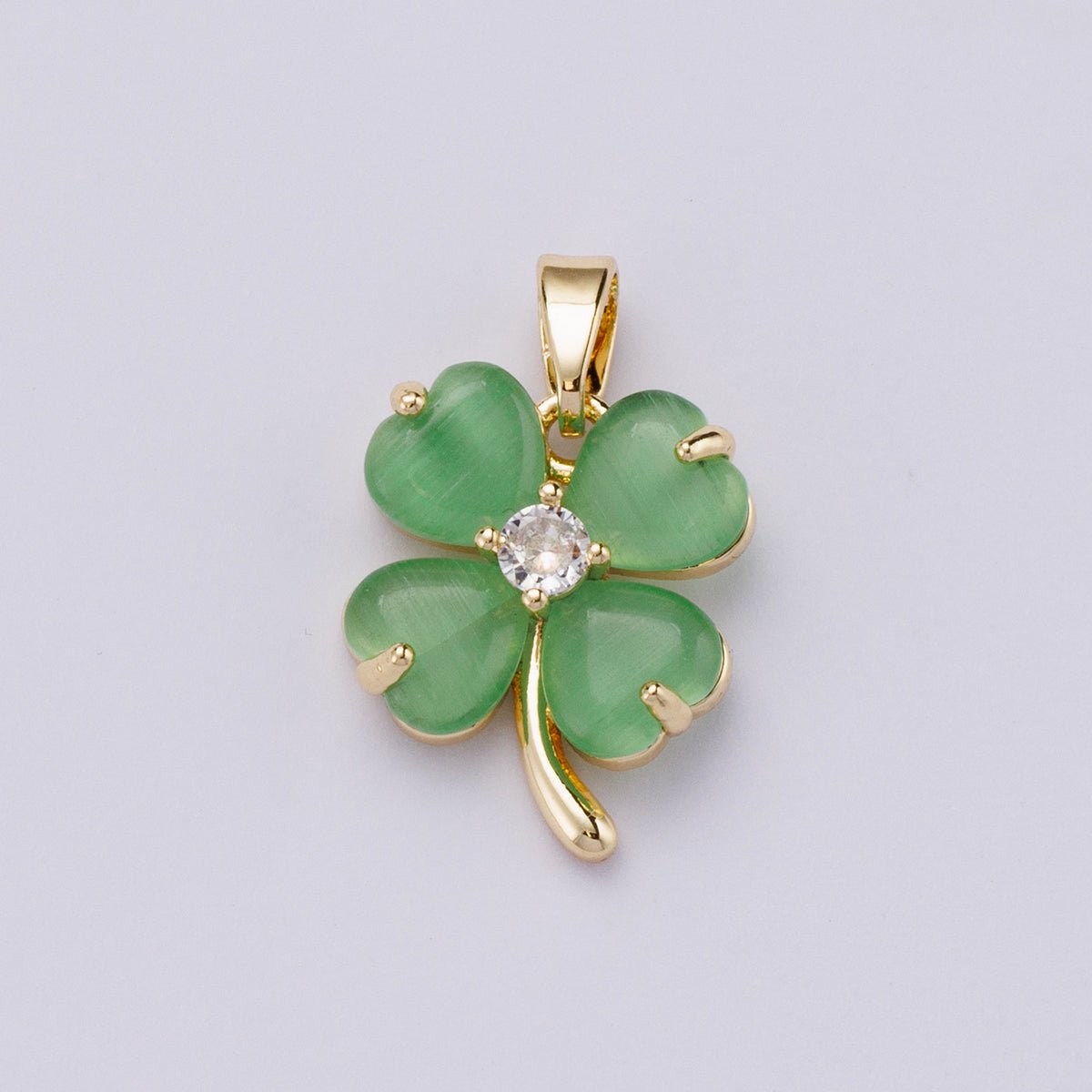 18K Gold Filled 16mm Green Heart Gemstone Four Leaf Lucky Clover Pendant | Charms - 00447 - DLUXCA