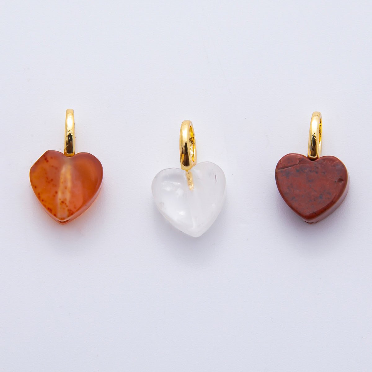 18K Gold Filled 16mm Quartz, Ruffle, & Carnelian Gemstone Dainty Heart - Shaped Charm | E433 E449 - DLUXCA