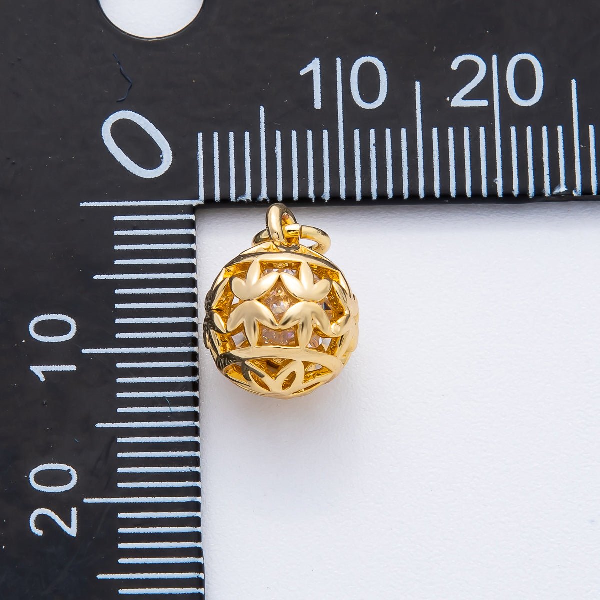 18K Gold Filled 16mm Round CZ inside a Flower, Snowflake, Cage Ornamen Drop Charm | AF1366 AF1367 AF1369 - DLUXCA