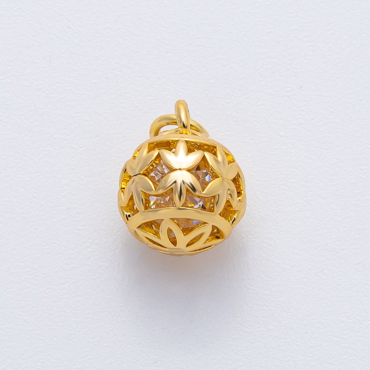 18K Gold Filled 16mm Round CZ inside a Flower, Snowflake, Cage Ornamen Drop Charm | AF1366 AF1367 AF1369 - DLUXCA