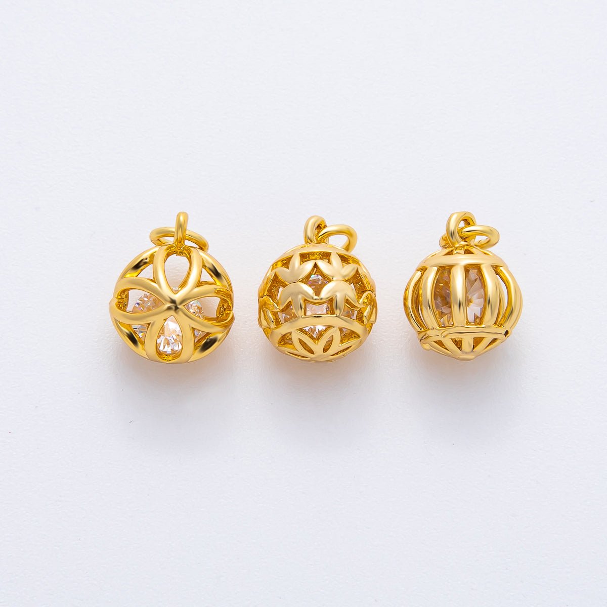 18K Gold Filled 16mm Round CZ inside a Flower, Snowflake, Cage Ornamen Drop Charm | AF1366 AF1367 AF1369 - DLUXCA