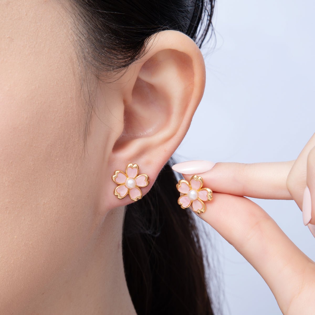 18K Gold Filled 16mm Shell Pearl Pink Flower Stud Earrings | AE828 - DLUXCA