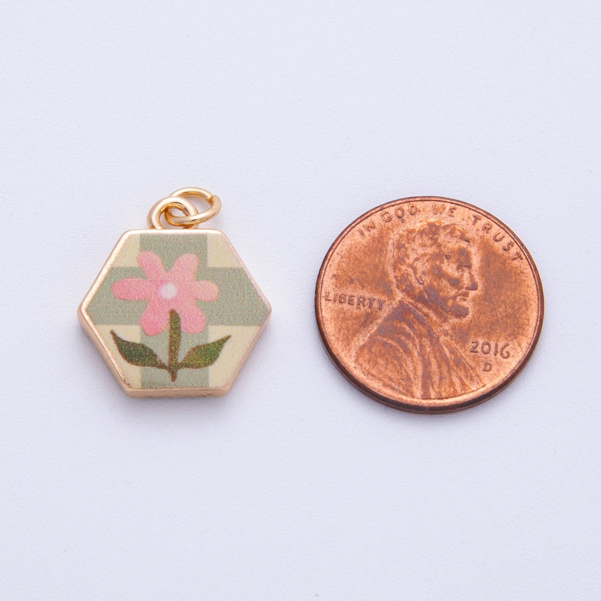 18K Gold Filled 17.5mm Flower Plant Hexagon Charm | AF1602 - DLUXCA