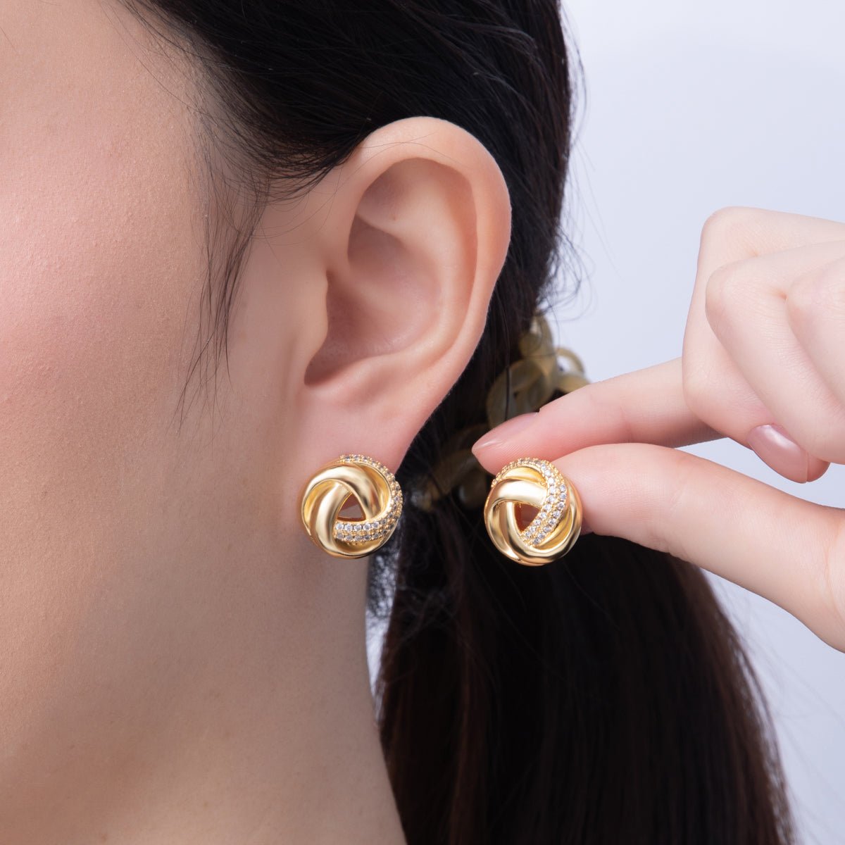 18K Gold Filled 17.5mm Triple Knot Micro Paved CZ Stud Earrings | AD1633 - DLUXCA