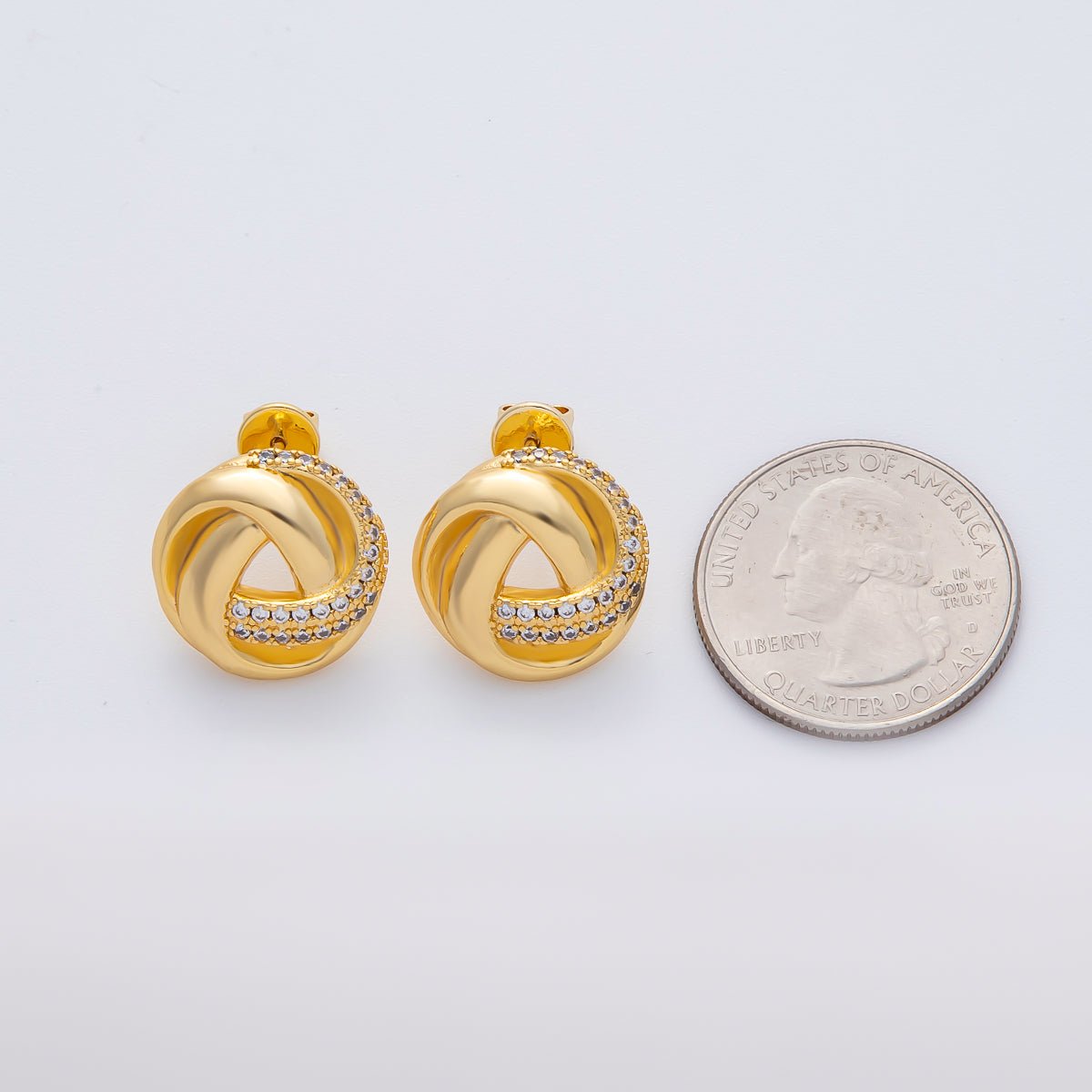 18K Gold Filled 17.5mm Triple Knot Micro Paved CZ Stud Earrings | AD1633 - DLUXCA