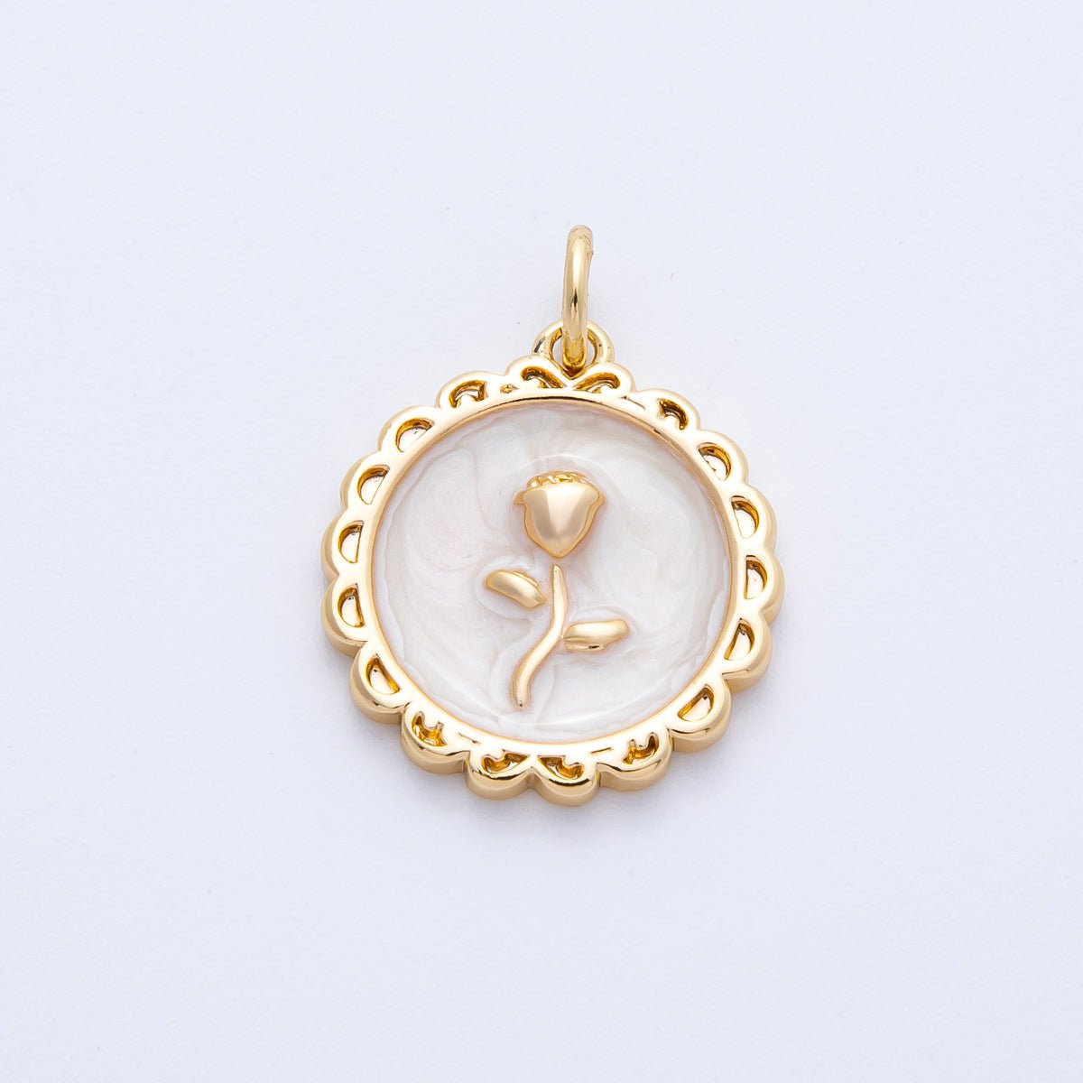 18K Gold Filled 17mm Blue, Pink, White Glitter Enamel Rose Flower Enamel Stamped Round Charm | CHARMS - 00314 ~ CHARMS - 00316 - DLUXCA