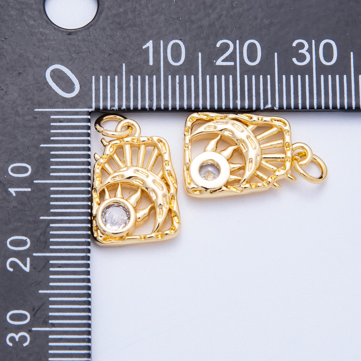 18K Gold Filled 17mm Clear CZ Celestial Sun Moon Molten Rectangle Charm | Charms - 00348 - DLUXCA