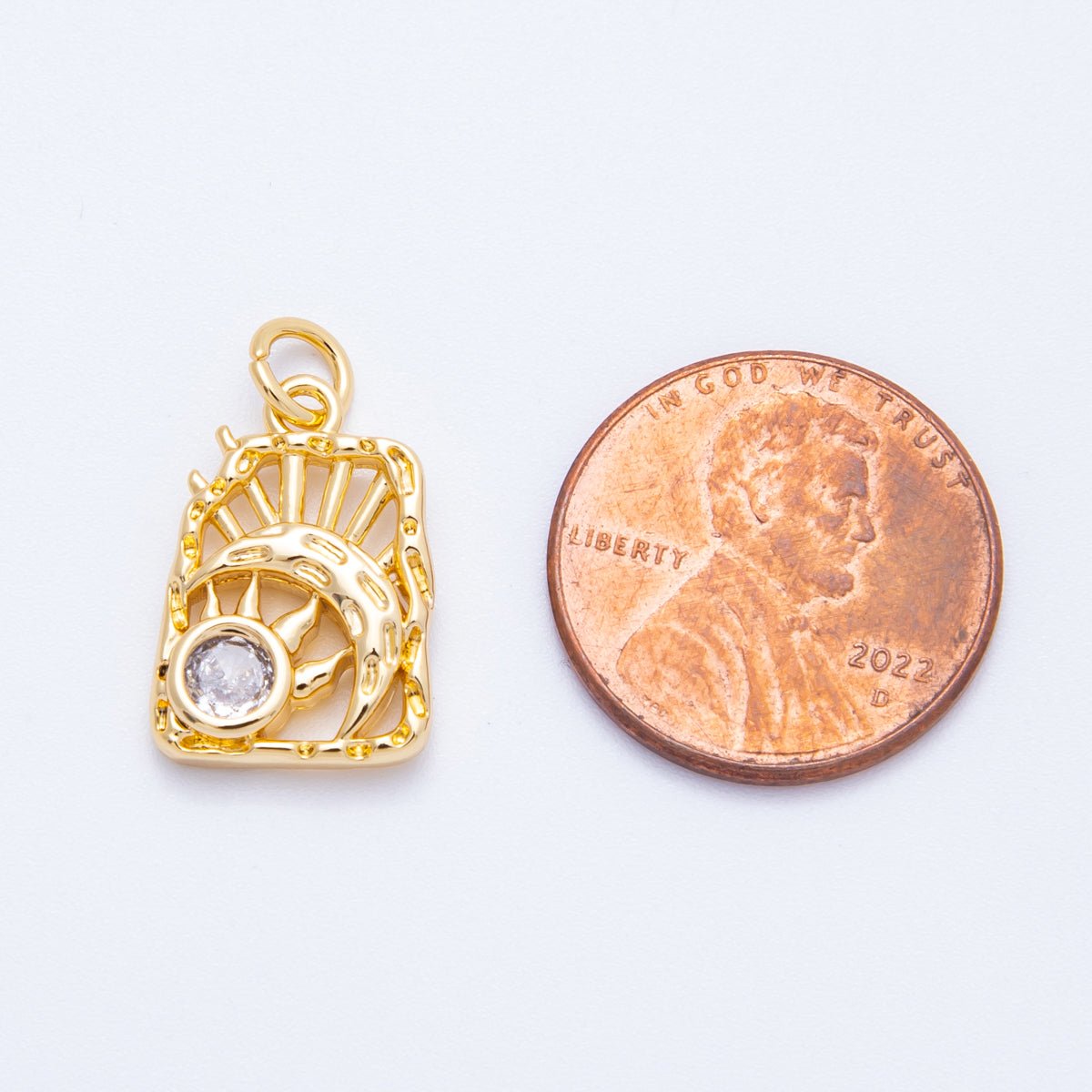 18K Gold Filled 17mm Clear CZ Celestial Sun Moon Molten Rectangle Charm | Charms - 00348 - DLUXCA